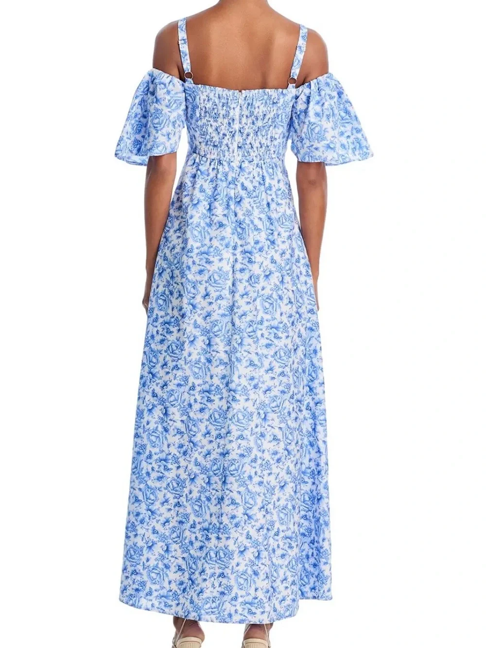 AQUA Boho Collection Blue Floral Off-Shoulder Maxi Cotton Dress - Picture 6 of 13